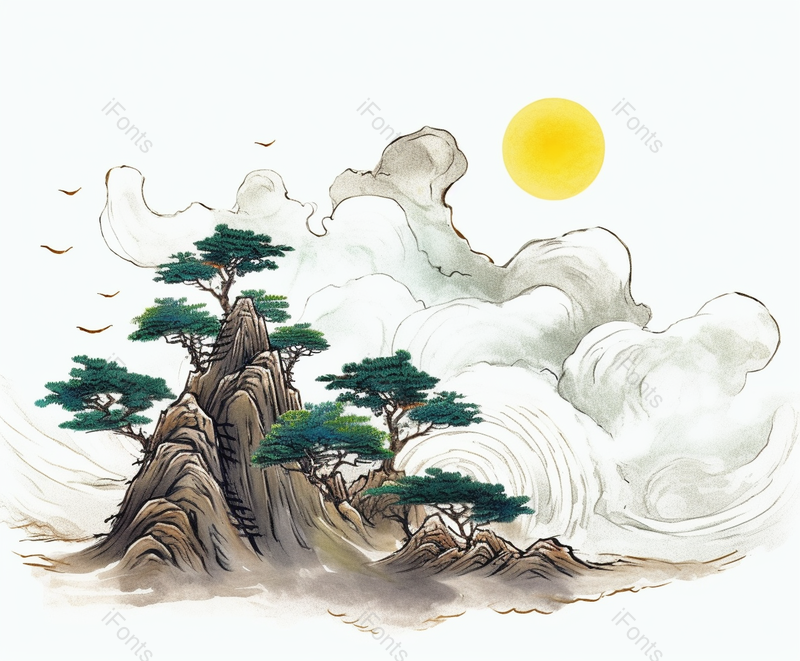 线描国潮风太阳阳光下祥云山峰和松树白底插画设计,插画/手绘图,插画/手绘图库,插画/手绘图下载,插画/手绘